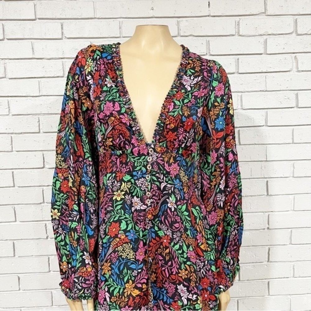 Farm Rio Black Mixed Prints Floral Birds Midi Dress V-Neck Balloon Sleeve Size L - Picture 2 of 16